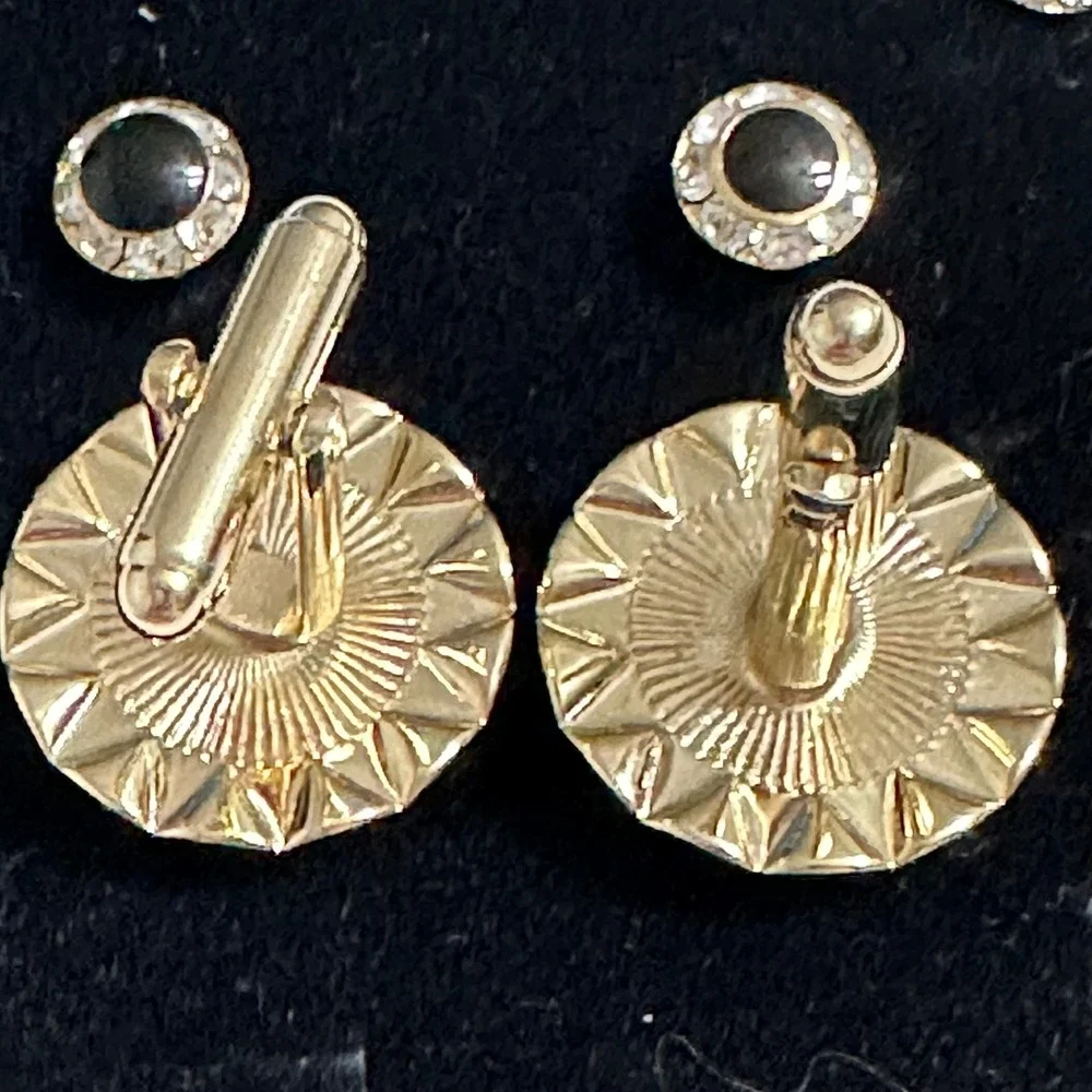 Black Cabochon Rhinestone Halo Cufflinks & Shirt Studs Set Gold Tone Vintage